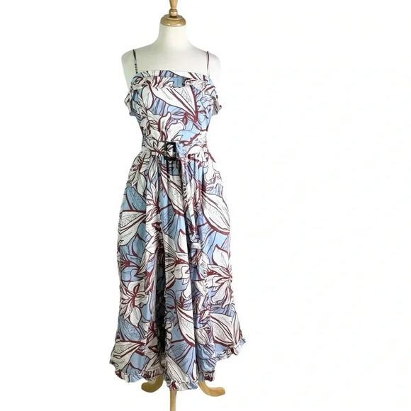 NICHOLAS Julie Cotton Floral Midi Dress Ruffle Detail and Pockets Blue Size 6 - Picture 5 of 14